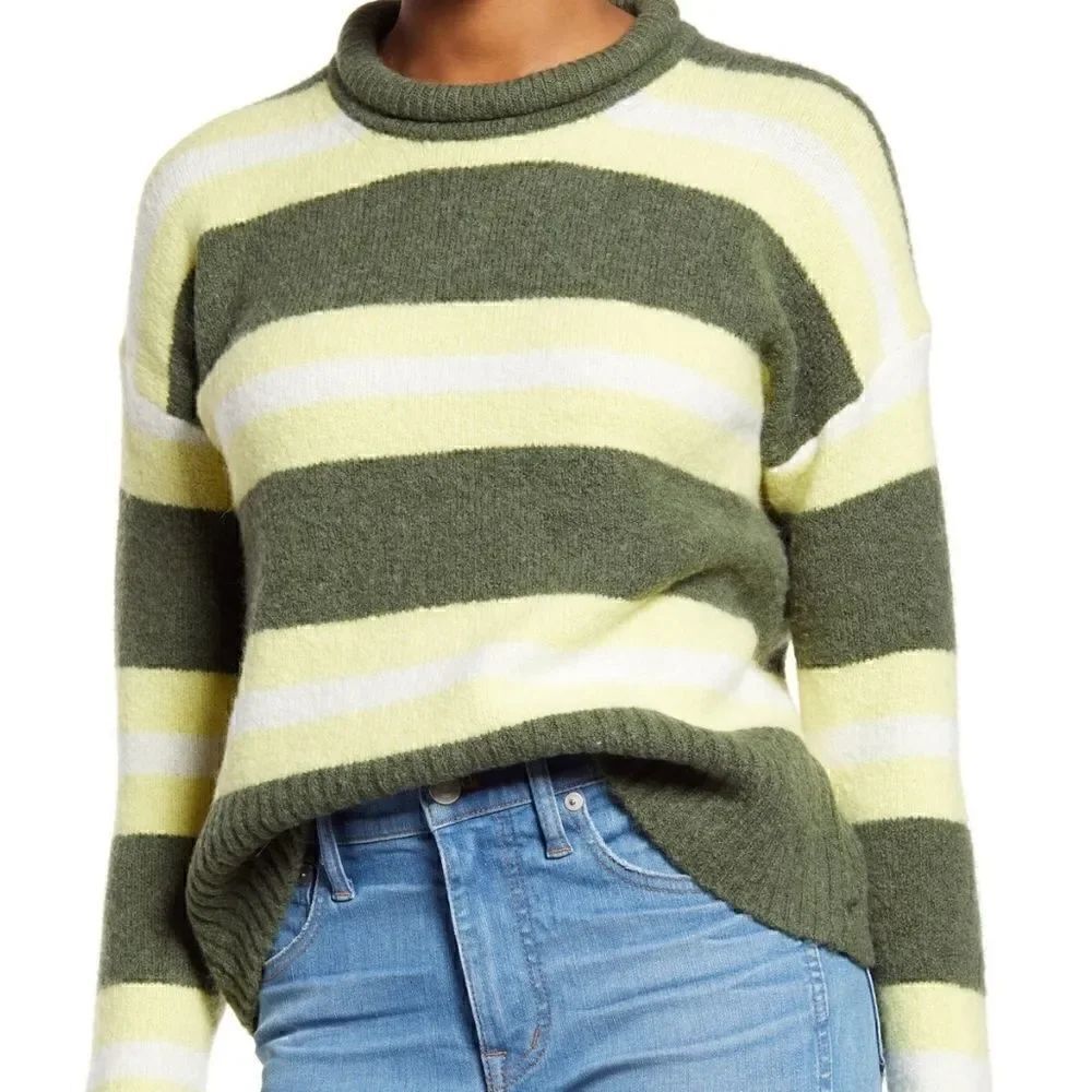 Madewell women's Striped Fulton Pullover Sweater green and yellow size S